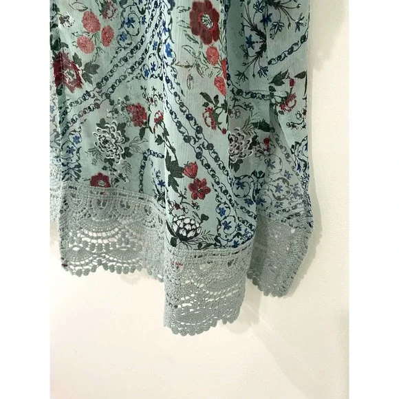 Kimono Women's Size Large Floral Green Lace Trimmed Boho Cottage Core Cardigan - Picture 4 of 6